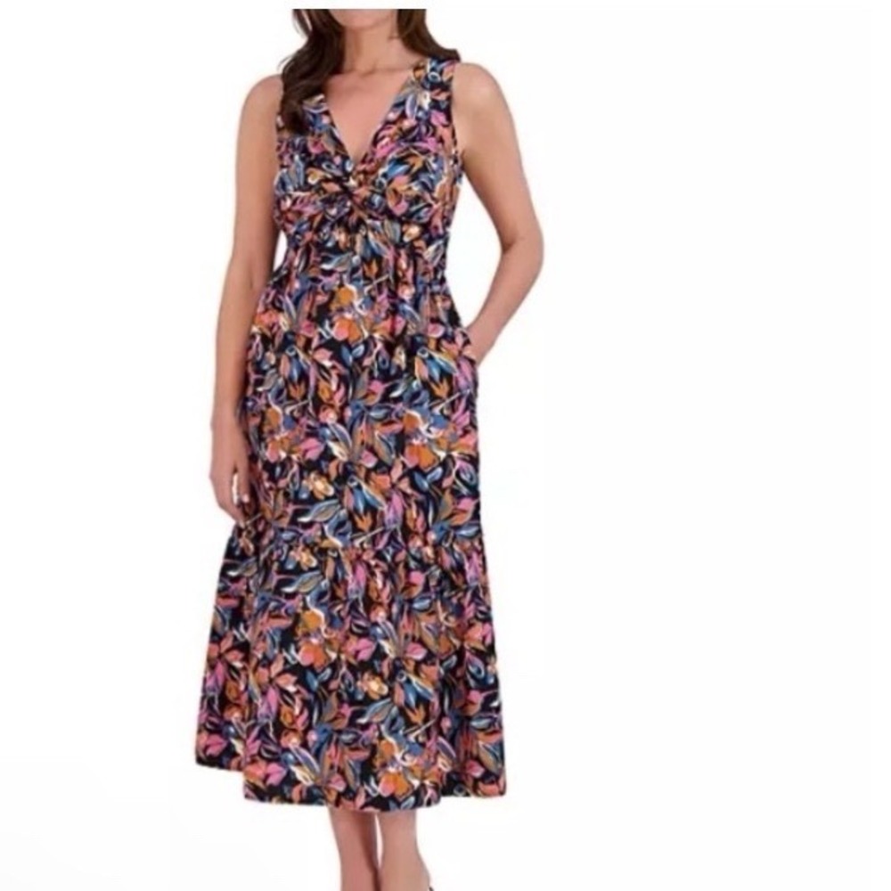 French Connection Black Floral Twist Front Dress Size X-LARGE cotton summer